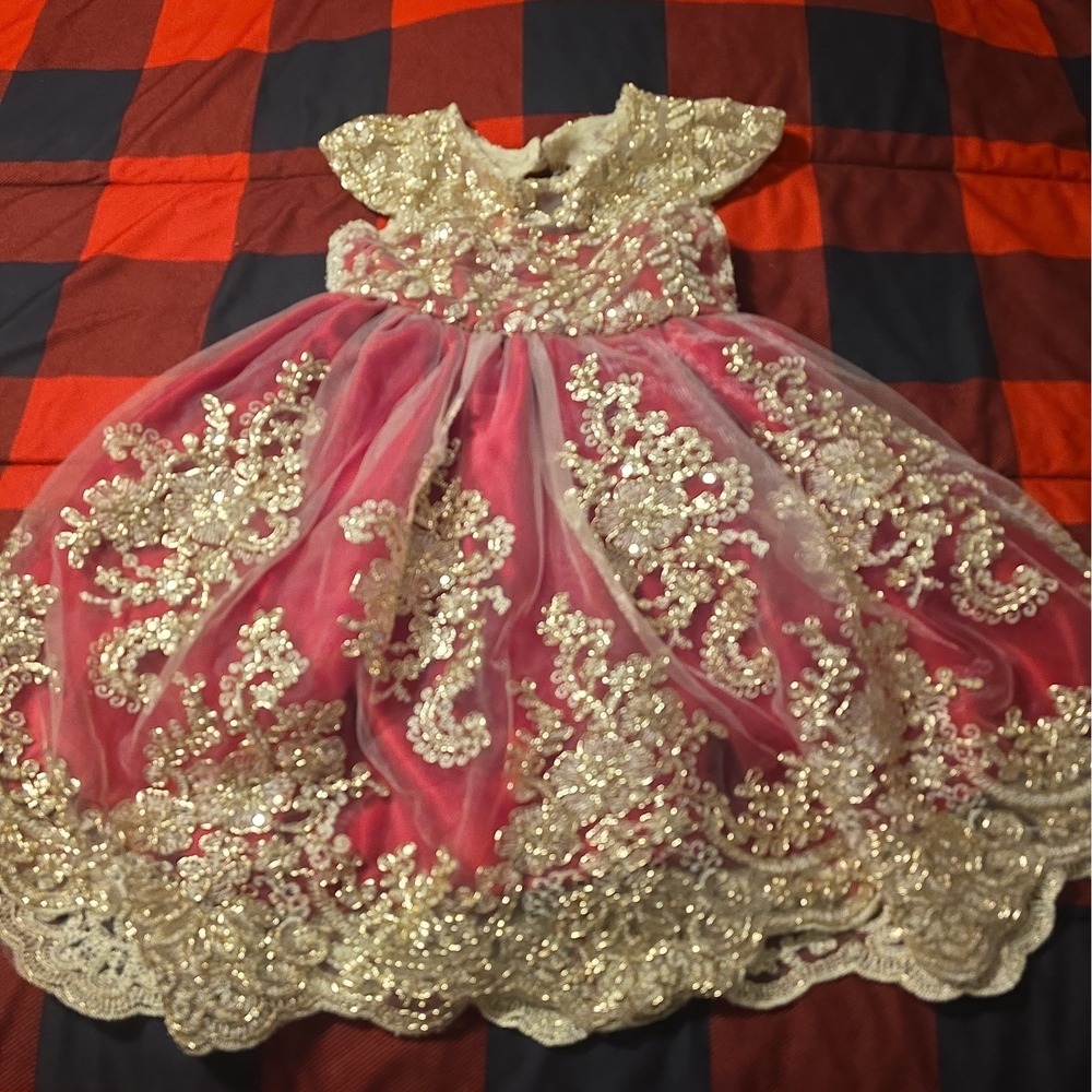 Girls Bow Embroidered Dress Elegant Princess Children Party Wedding Red & Gold